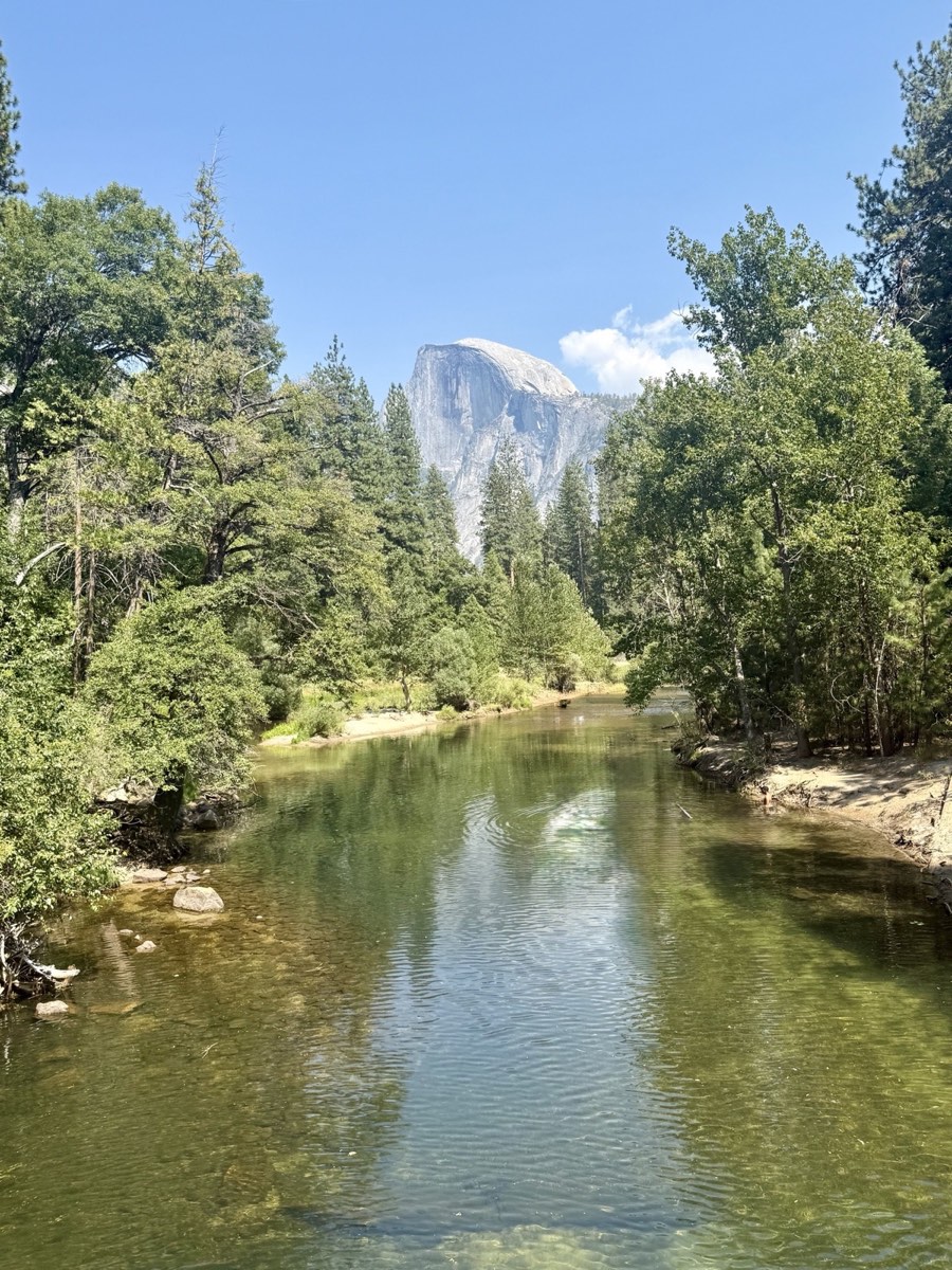 The Merced River flowing through Yosemite Valley with Half Dome in the distance